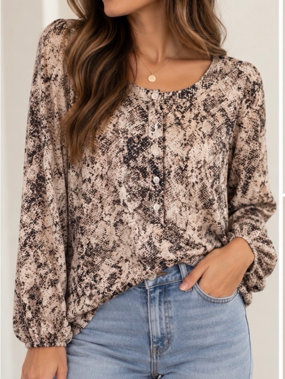 EVEREVE Snakeskin Print Long Sleeve Henley Blouse Beige Brown Size S